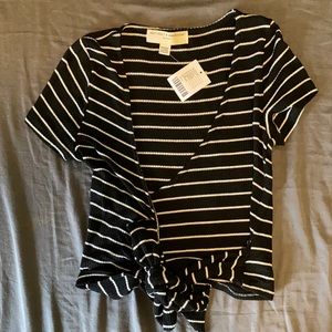 Black and white wrap tie top